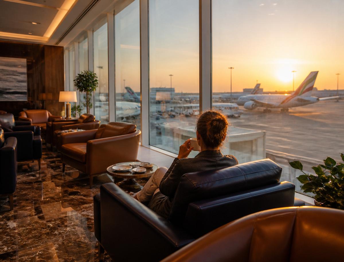 Sala VIP de aeroporto ao pôr do sol