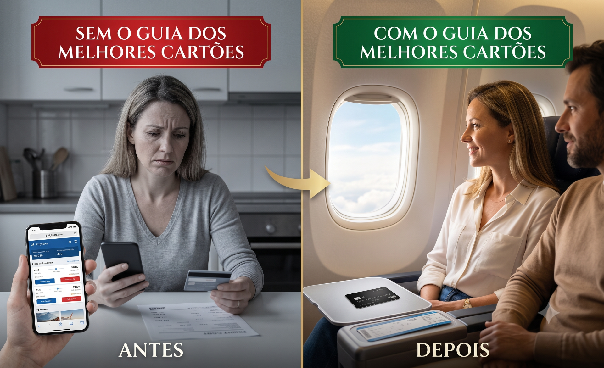 Comparação Antes e Depois: sem o guia, você gasta com cartões errados; com o guia, viaja com milhas acumuladas e cartões certos