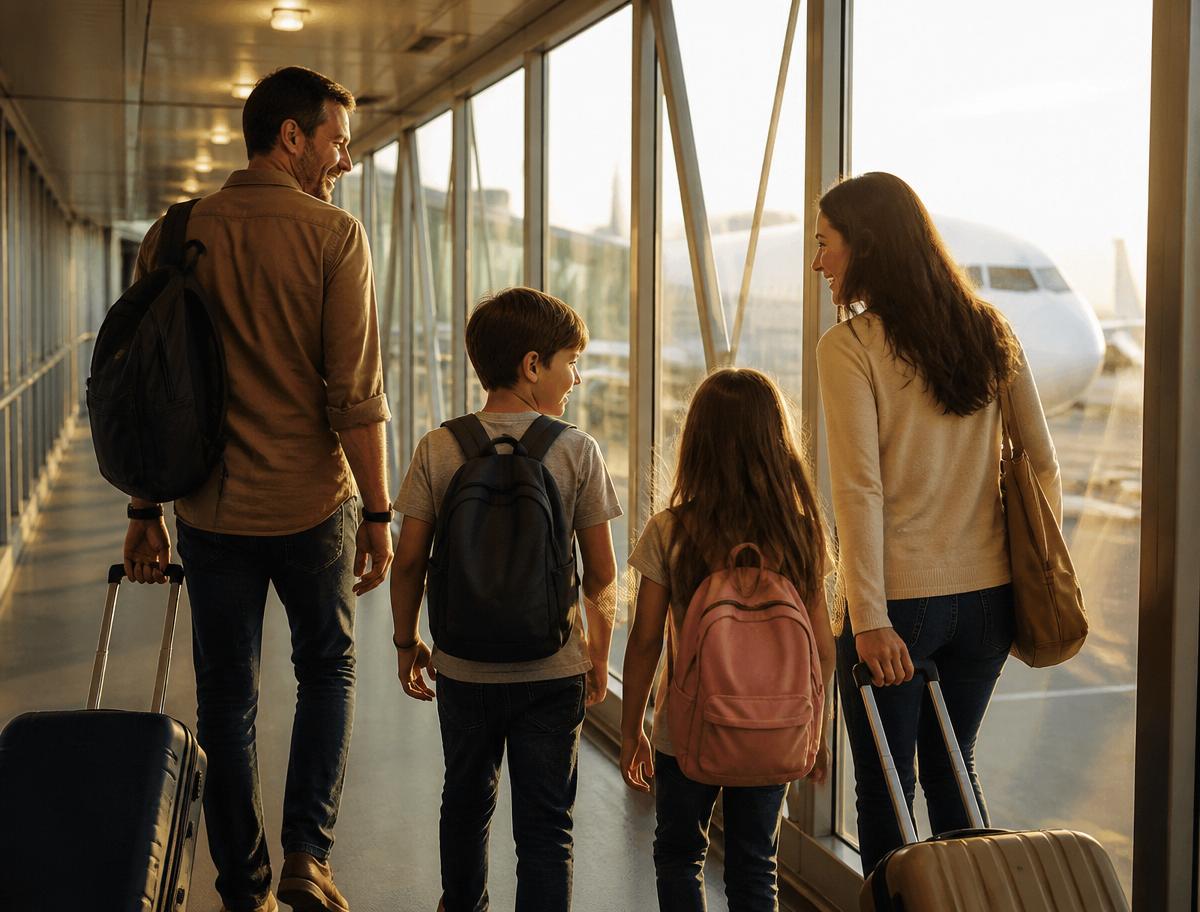 Família feliz embarcando no avião